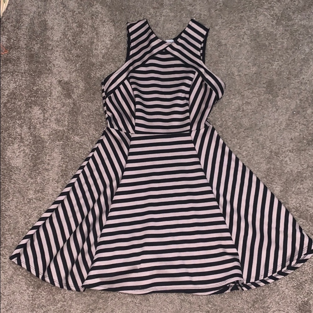 Tan & black stripped skater dress
